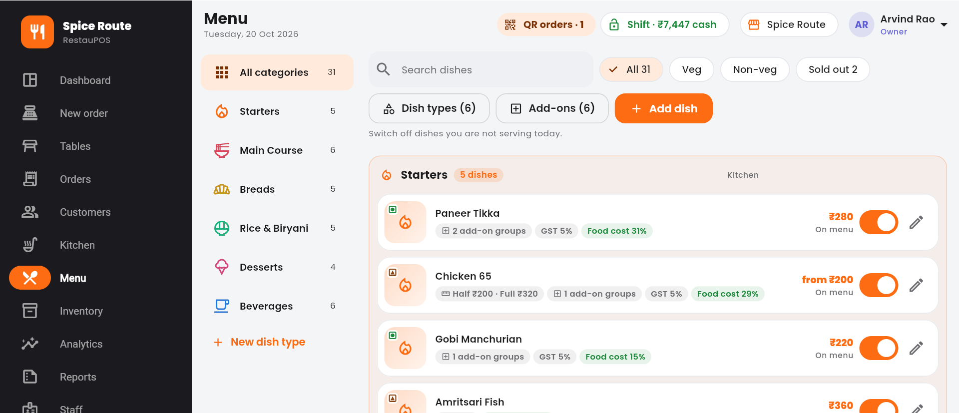 BillGenzo menu management screen with categories, dish toggles, GST rates and food cost per dish